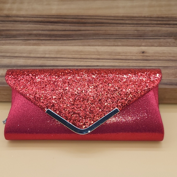 Women's Red Glittery Evening Bag/Clutch with Detachable Chain Strap, … - Picture 7 of 9